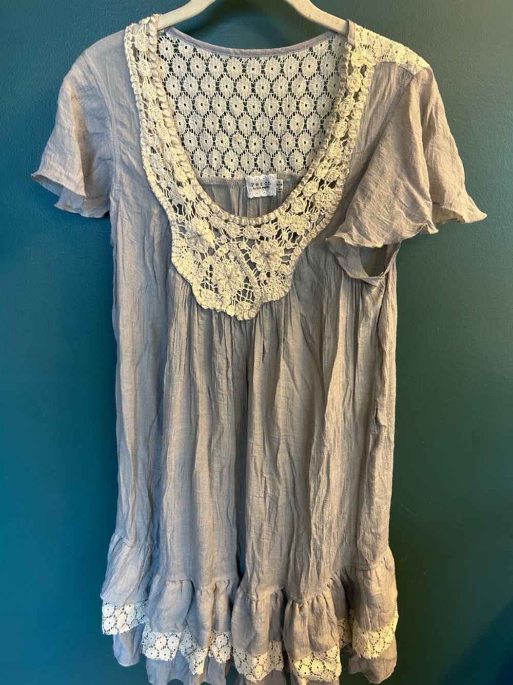 Perch by Blu Pepper Gray Top with Cream Crochet Trim